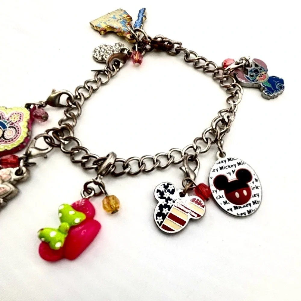 Disney Parks Charm Bracelet Lot Mickey Stitch Marie Castle Americana
